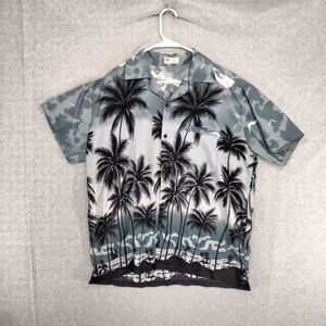 V.H.O Hawaiian Shirt Mens XL Gray Black Palm Trees Beach Short Sleeve Button Up
